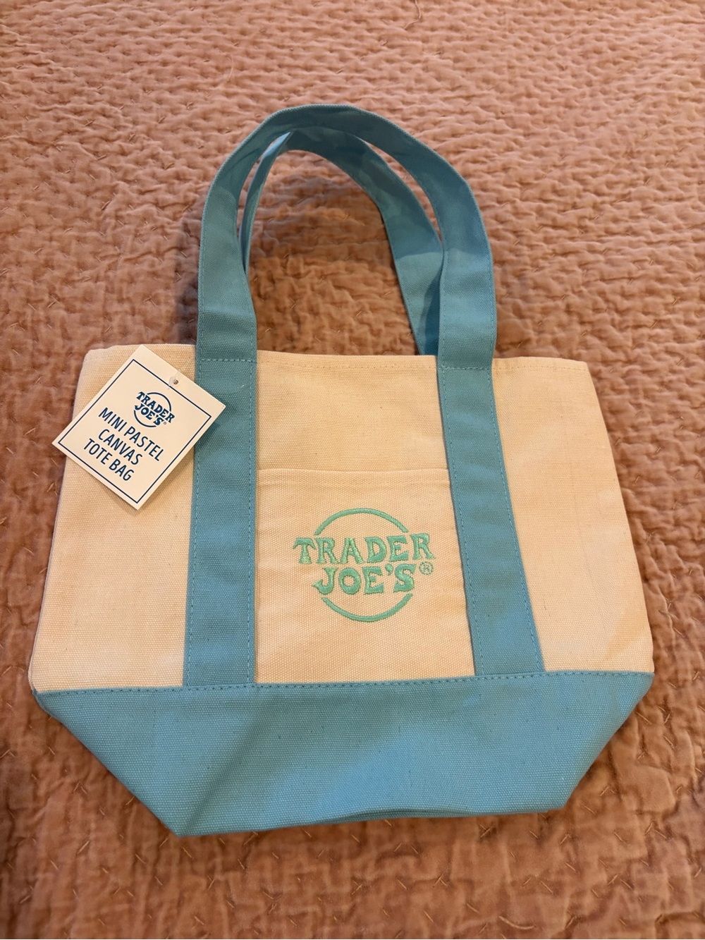 Trader Joe’s Mini Pastel Canvas Tote Bag - Cream & Teal NWT Brand New